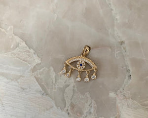 14K Yellow Gold Evil Eye Hanging Pendant with stones