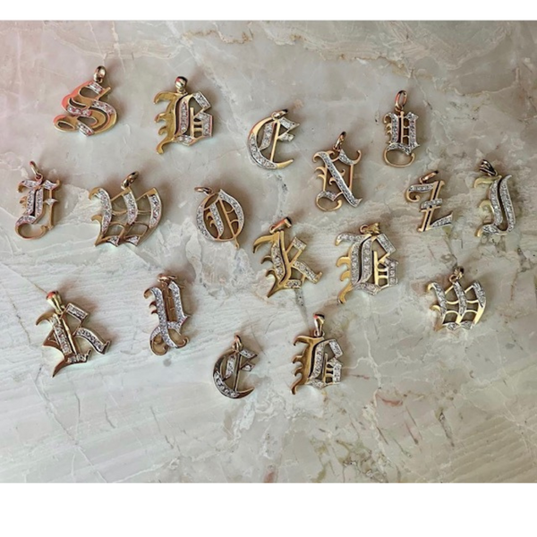14K Yellow Gold Old English Initial Pendants Graced with Gold