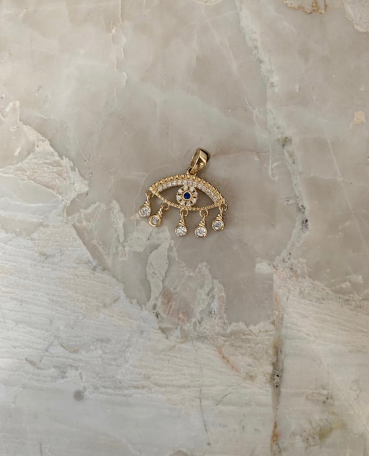 14K Yellow Gold Evil Eye Hanging Pendant with stones