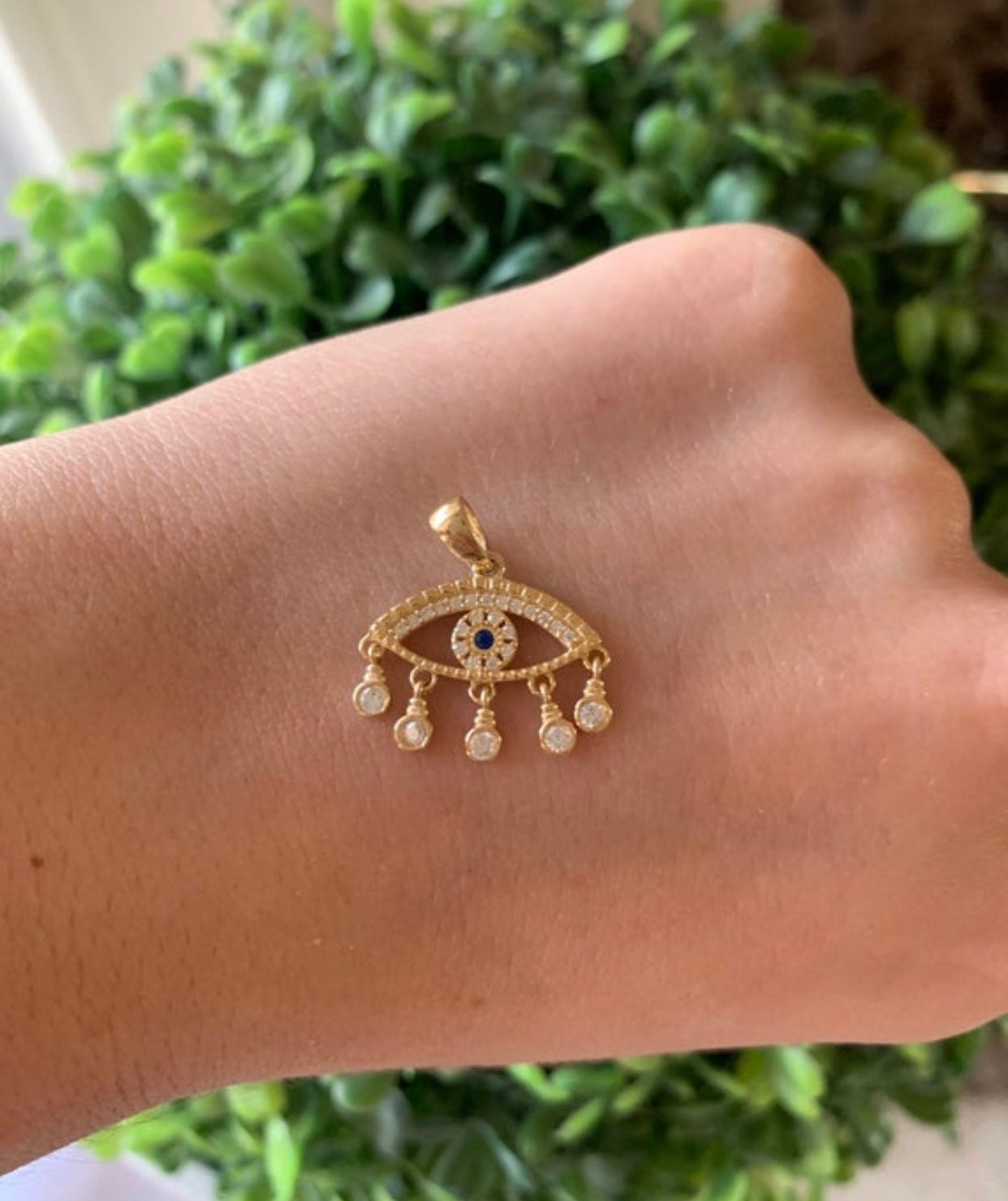 14K Yellow Gold Evil Eye Hanging Pendant with stones
