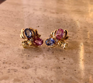 14K Ladies Pretty Yellow Gold Earrings Blue, Pink Sapphire Stones And Diamond