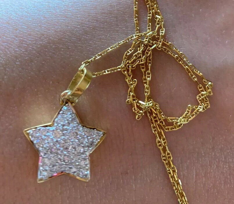 14K Pretty Yellow Gold Link Chain With Diamond Star Pendant 0.58 Cts