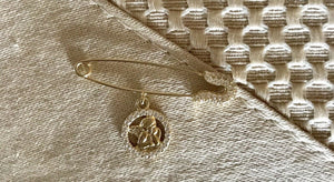 14K Pretty Yellow Gold Sturdy Thick Safety Pin With Rhinestones and Hanging Angel
