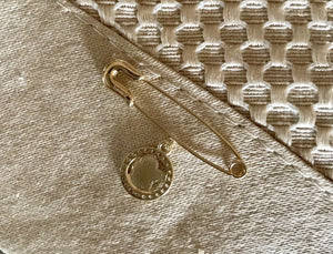 14K Pretty Yellow Gold Sturdy Thick Safety Pin With Rhinestones and Hanging Angel