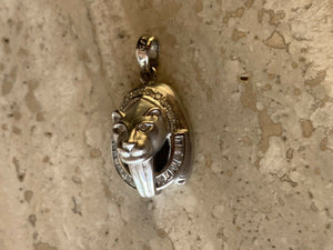 14K White Gold Pretty Tiger Face Pendant With Baguette and Round Diamonds 0.68 cts
