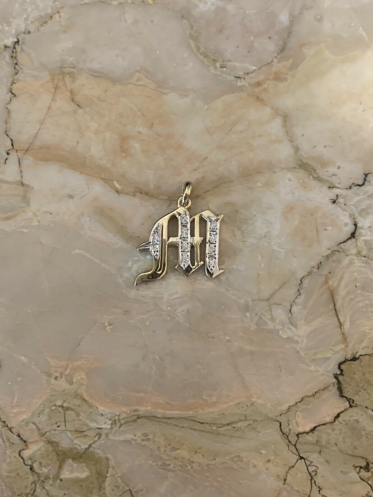 14K Yellow Gold Old English Gothic Large Initial M Pendant With 0.12 Cts Diamonds On Sale!