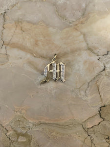 14K Yellow Gold Old English Gothic Large Initial M Pendant With 0.12 Cts Diamonds On Sale!