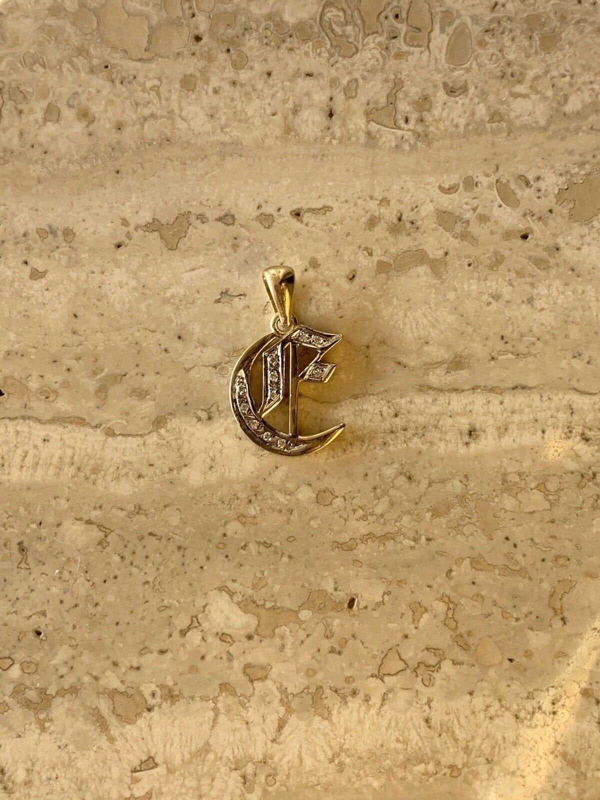 14K Yellow Gold Old English Gothic Style Small  Initial Pendant With 0.15 Cts Diamonds On Sale!