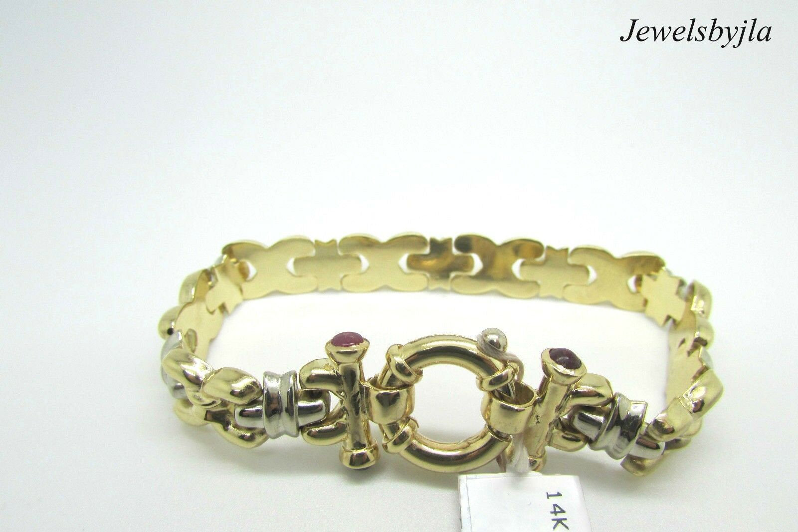 14K Multi Tone Gold Pretty Link Bracelet With Circular Bar Clasp 18.2 Grams