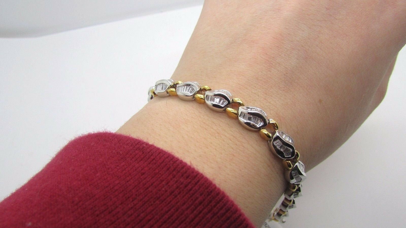 18K Two Tone Pretty Fancy Tennis Bracelet With Baguette Diamonds 4.92 Cts