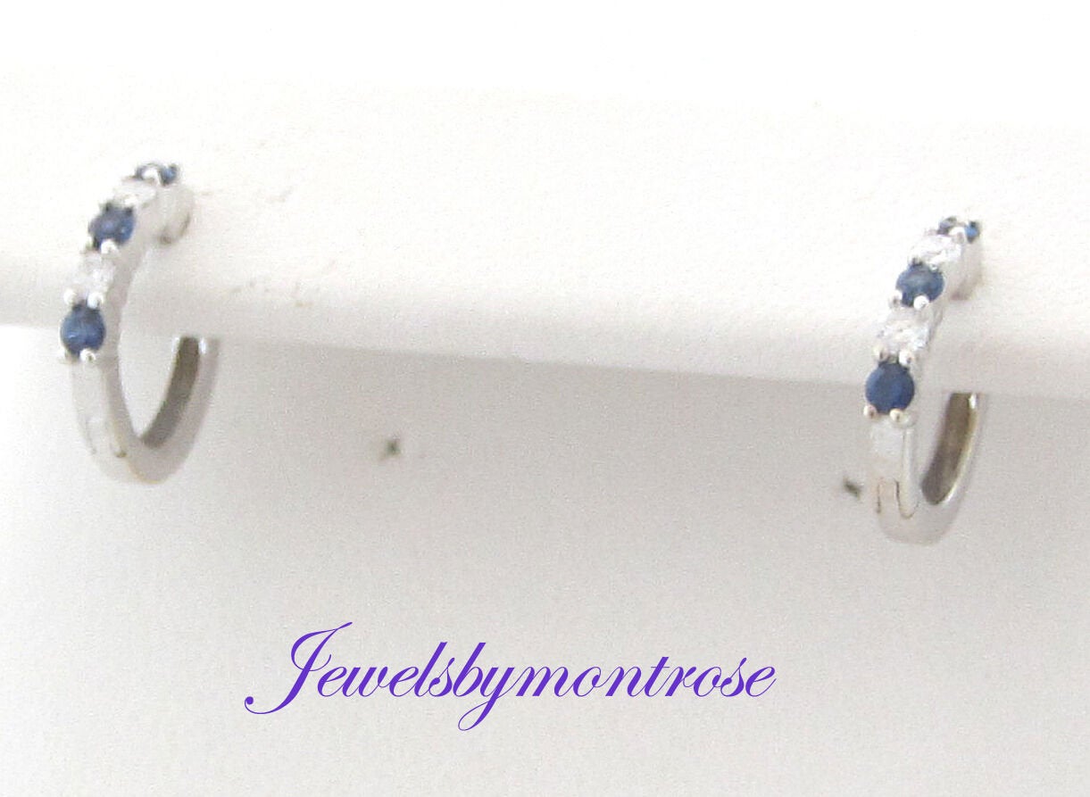 14K White Gold Pretty Huggies Set With Diamonds And Blue Sapphires 0.52 Cts