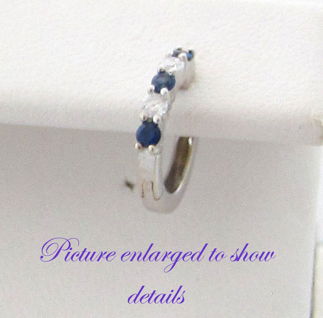 14K White Gold Pretty Huggies Set With Diamonds And Blue Sapphires 0.52 Cts