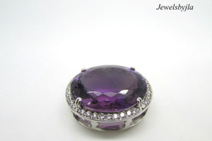 14K Pretty White Gold Oval Shape Amethyst Pendant With Round Diamonds 1.47 Cts