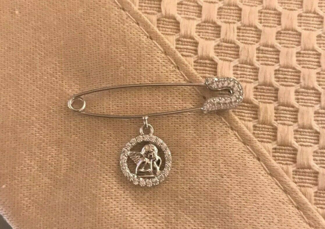 14K Pretty White Gold Sturdy Thick Safety Pin With Rhinestones and Hanging Angel
