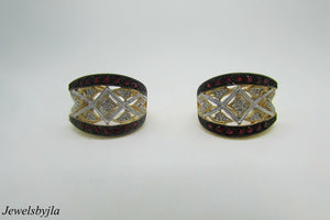 14K Yellow Gold Pretty Ruby And Diamond Huggie Earrings With Design 1.2 Cts