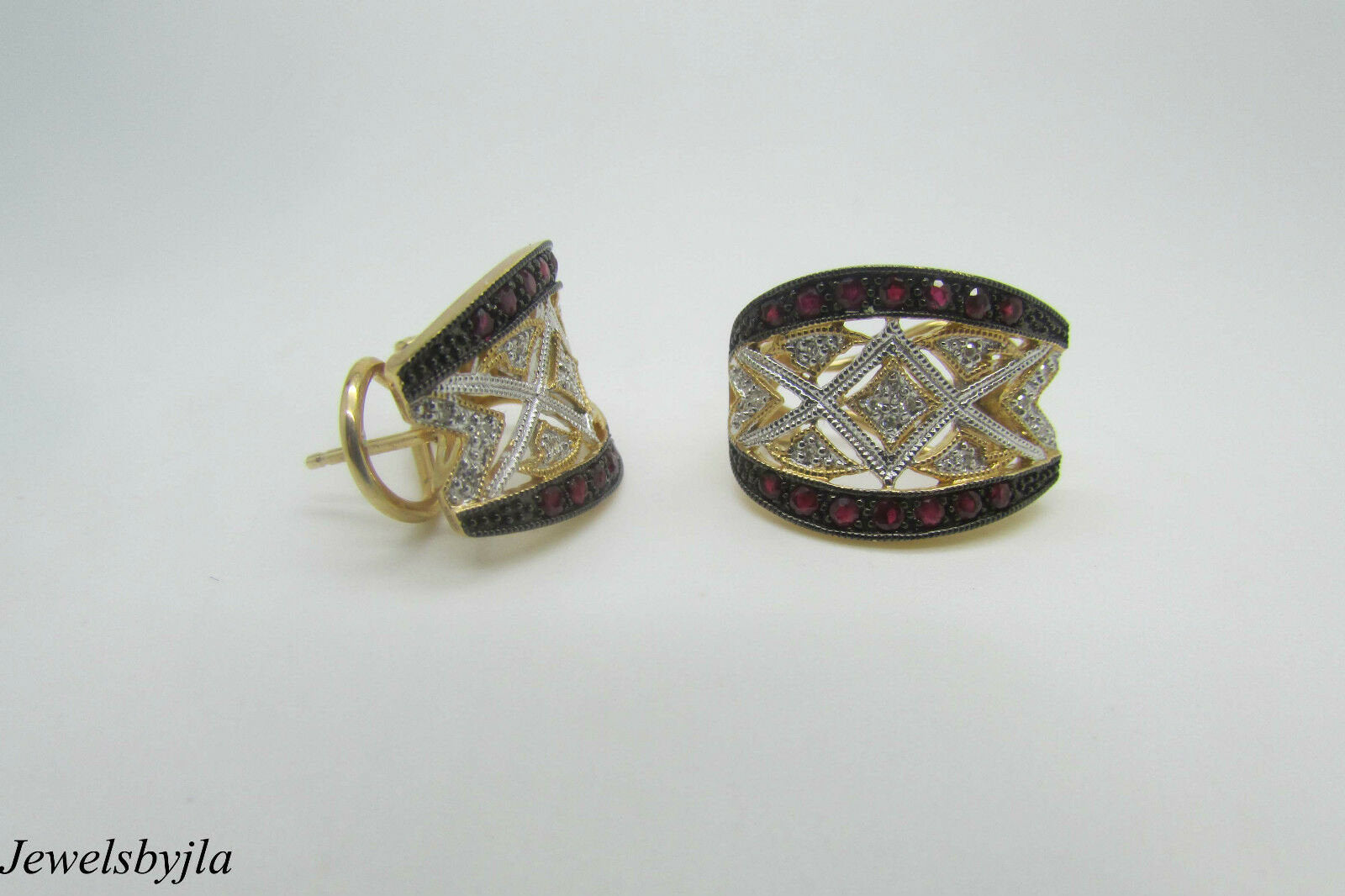 14K Yellow Gold Pretty Ruby And Diamond Huggie Earrings With Design 1.2 Cts