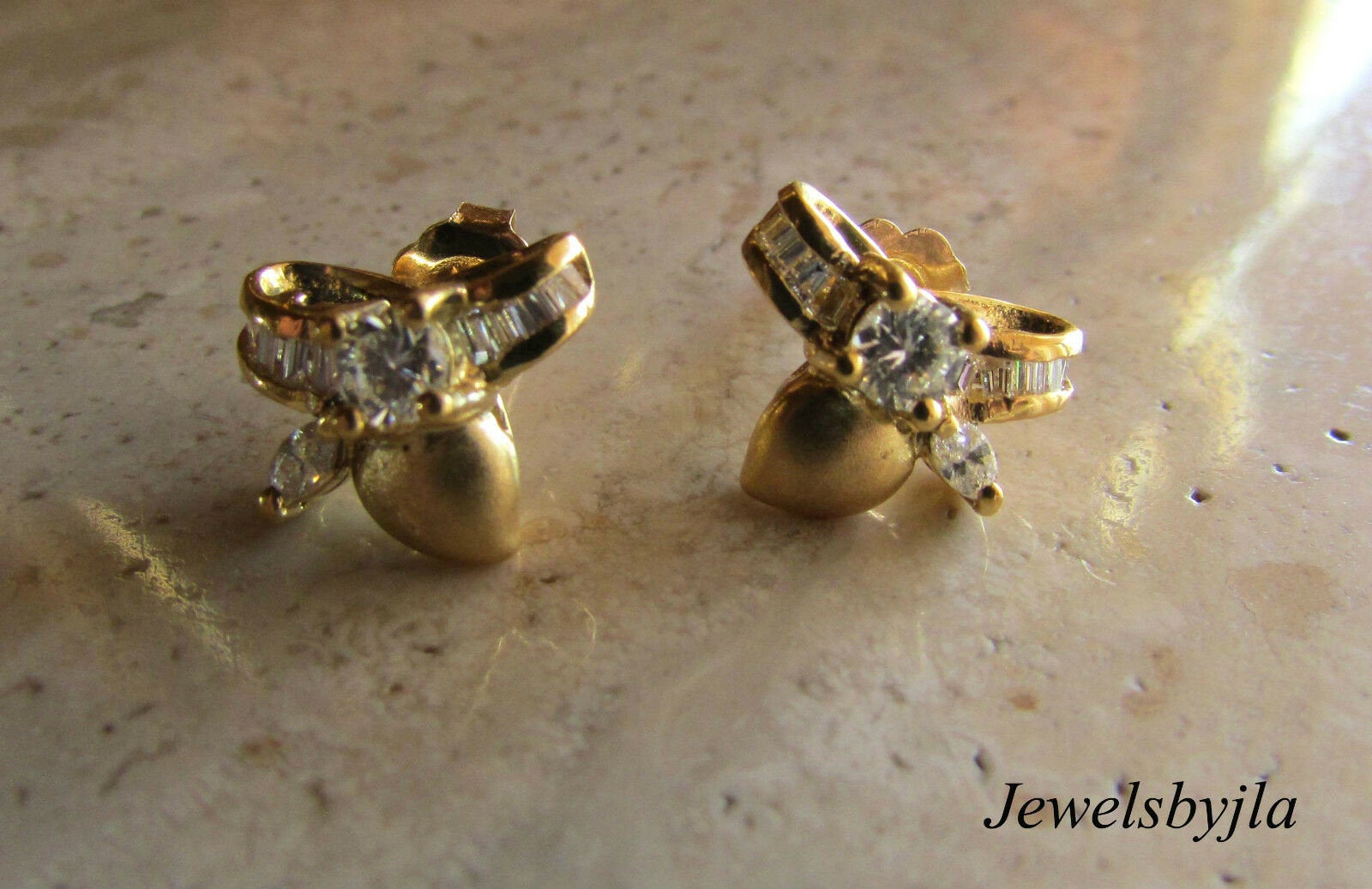 18K Yellow Gold Bow Earrings With Round, Marquis And Baguette Diamonds .77 Cts