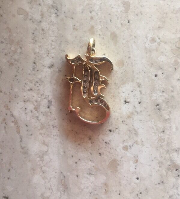 14K Yellow Gold Old English Large Initial F Pendant Gothic Style With 0.15 Cts Diamonds On Sale!