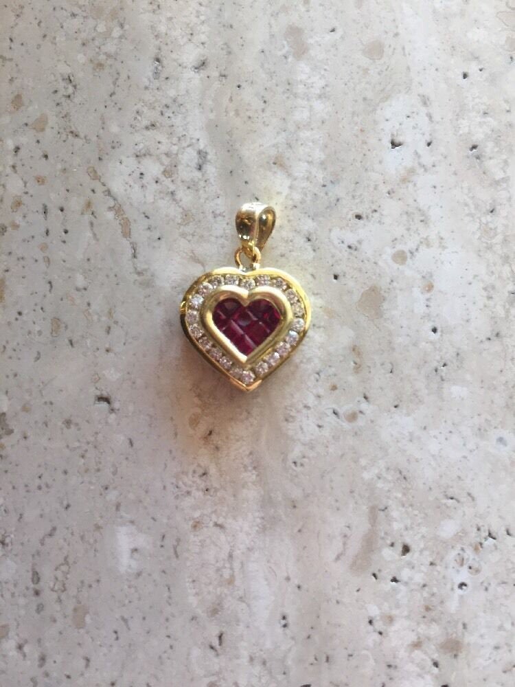 14K Pretty Yellow Gold Heart Pendant With Ruby Stones And Diamonds 0.95 Cts