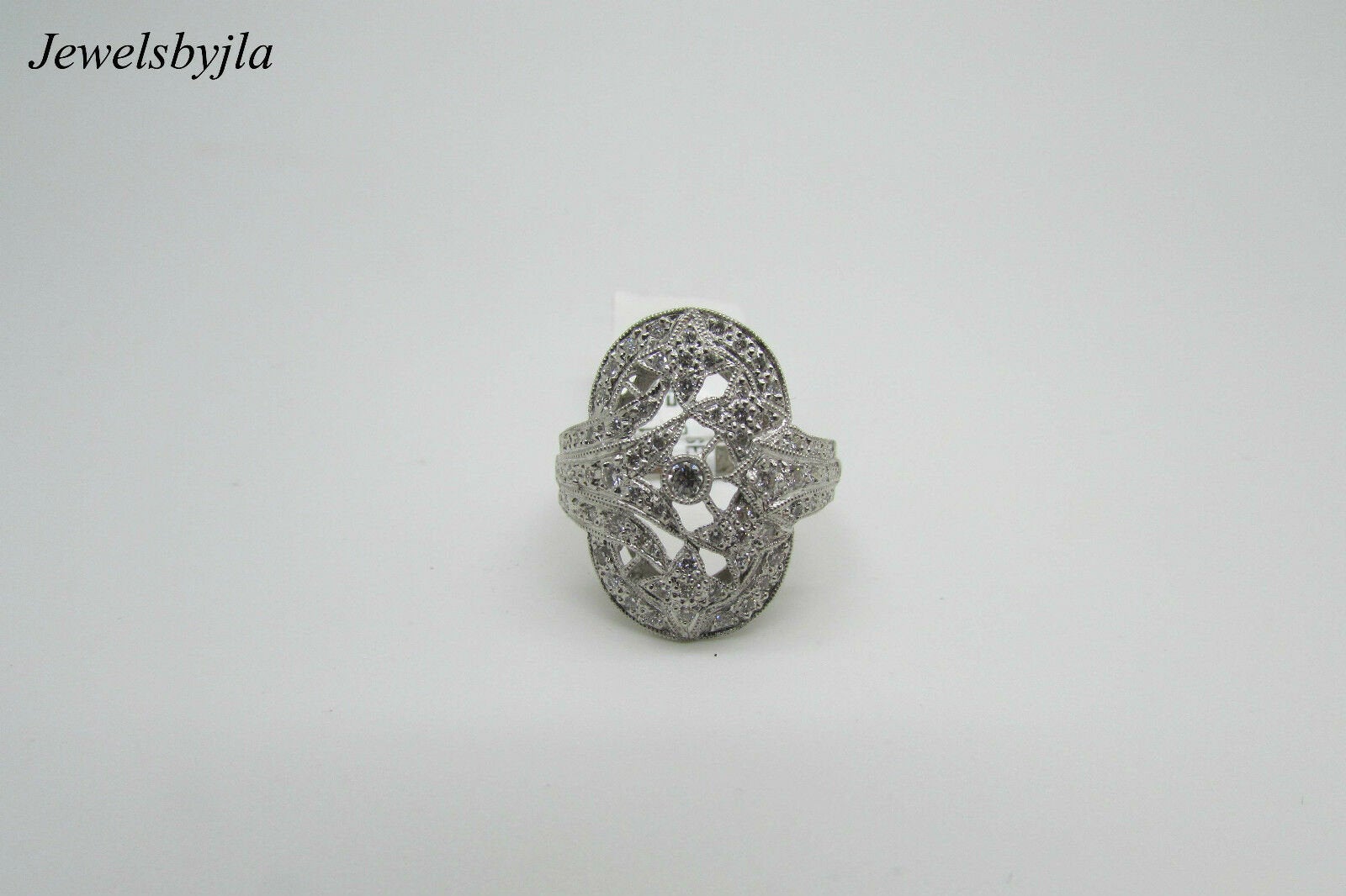 14K Pretty White Gold Elongated Ring With Round Diamonds .55 Cts Size 7.25