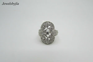 14K Pretty White Gold Elongated Ring With Round Diamonds .55 Cts Size 7.25