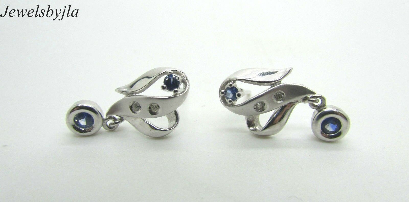 14K Pretty White Gold Dangling Round Sapphire Earrings With Diamonds 0.78 Cts