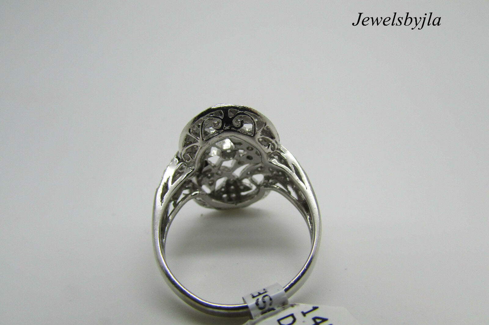 14K Pretty White Gold Elongated Ring With Round Diamonds .55 Cts Size 7.25