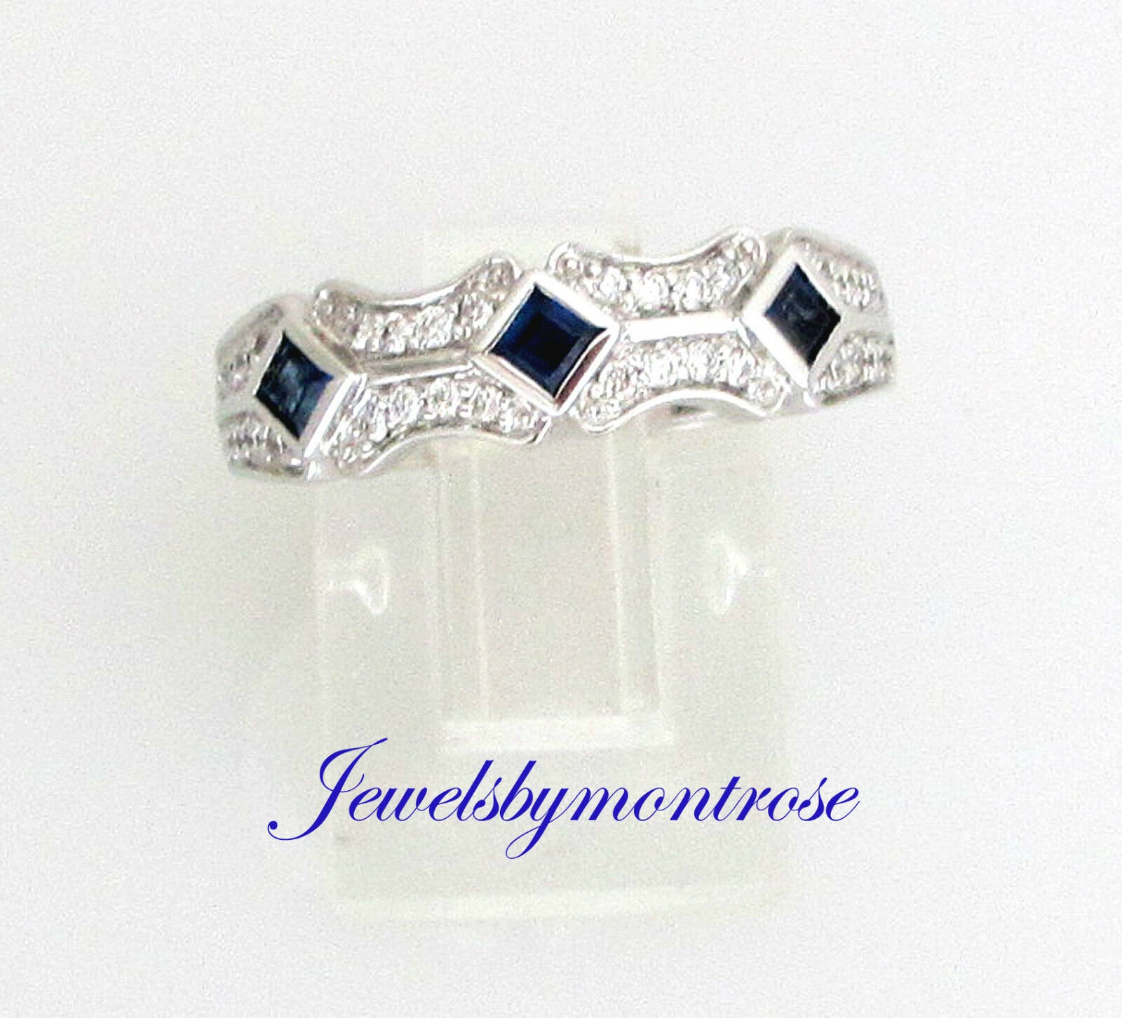 14K White Gold Ring/Band With 3 Princess Cut Sapphires And Diamonds 0.35 Cts