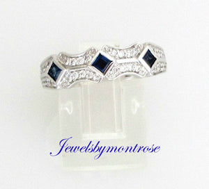 14K White Gold Ring/Band With 3 Princess Cut Sapphires And Diamonds 0.35 Cts