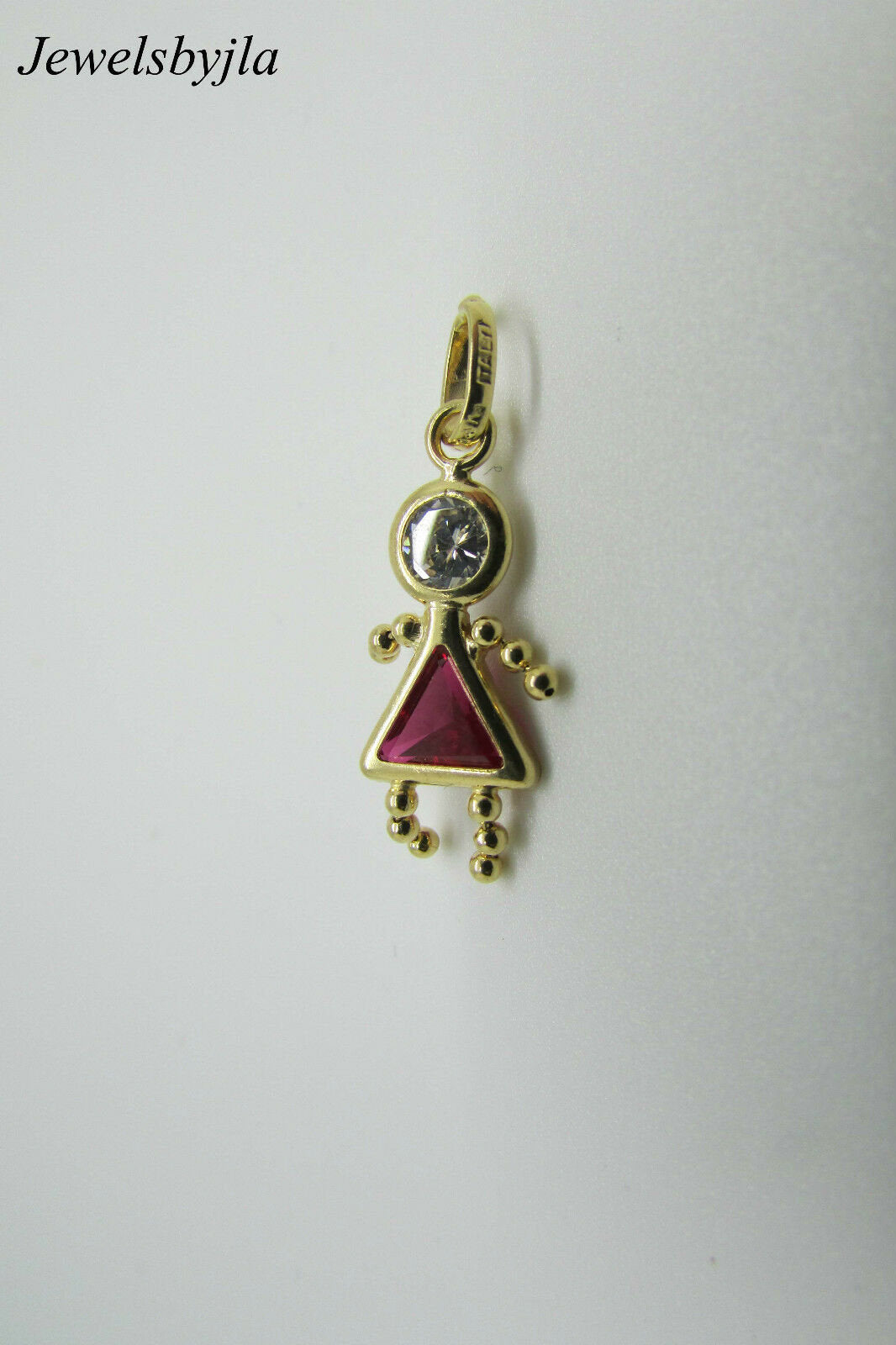 14K Yellow Gold Little Girl Charm Pendant With Synthetic Ruby And Zirconium