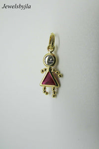 14K Yellow Gold Little Girl Charm Pendant With Synthetic Ruby And Zirconium