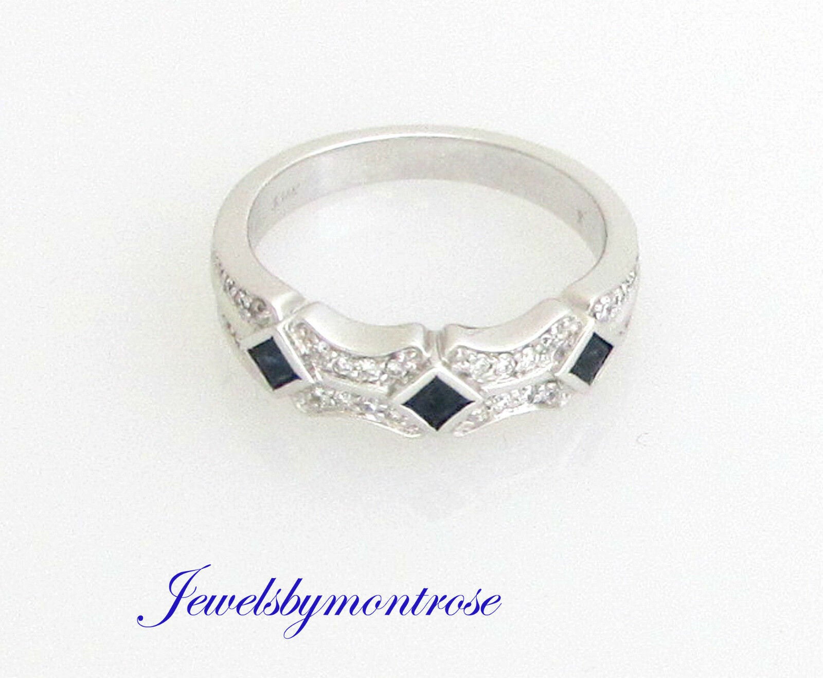 14K White Gold Ring/Band With 3 Princess Cut Sapphires And Diamonds 0.35 Cts