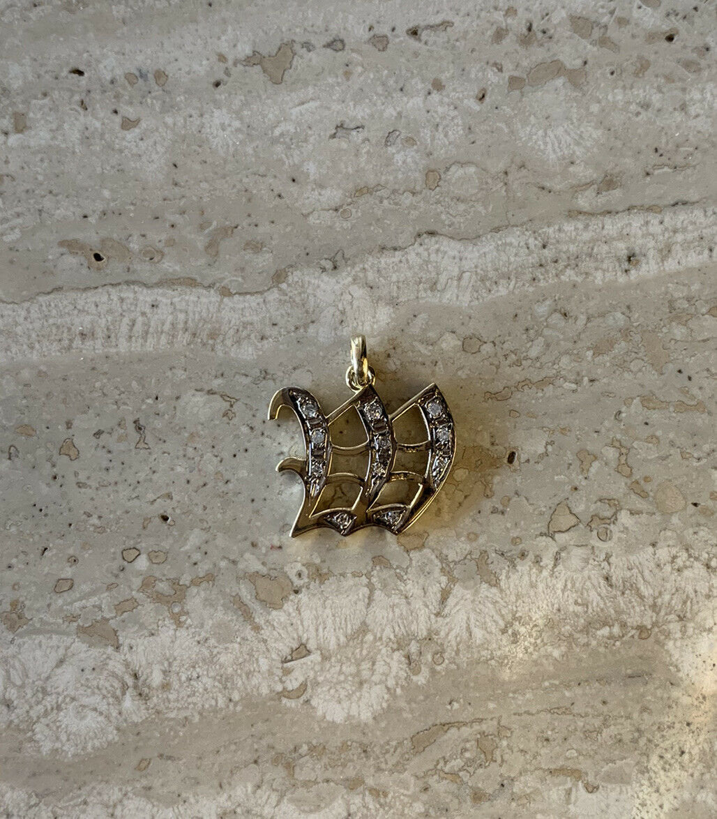 14K Yellow Gold Old English Gothic Style Large Initial W Pendant With 0.21 Cts Sale