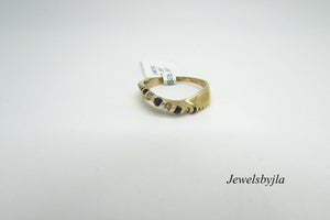 14K Pretty Yellow Gold Curved Ring With Round Diamonds And Sapphires 2.7 Grams