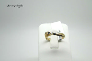 14K Pretty Yellow Gold Curved Ring With Round Diamonds And Sapphires 2.7 Grams