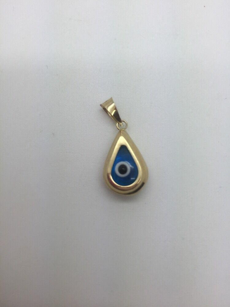 14K Pretty Yellow Gold Tear Drop Shaped Evil Eye Pendant 1.1 Grams