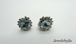 14K White Gold Pretty Oval Aquamarine Earrings With Round And Baguette Diamonds