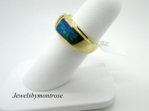 14K Pretty Yellow Gold Thick Blue and Green Opal Ring 8.6 Grams