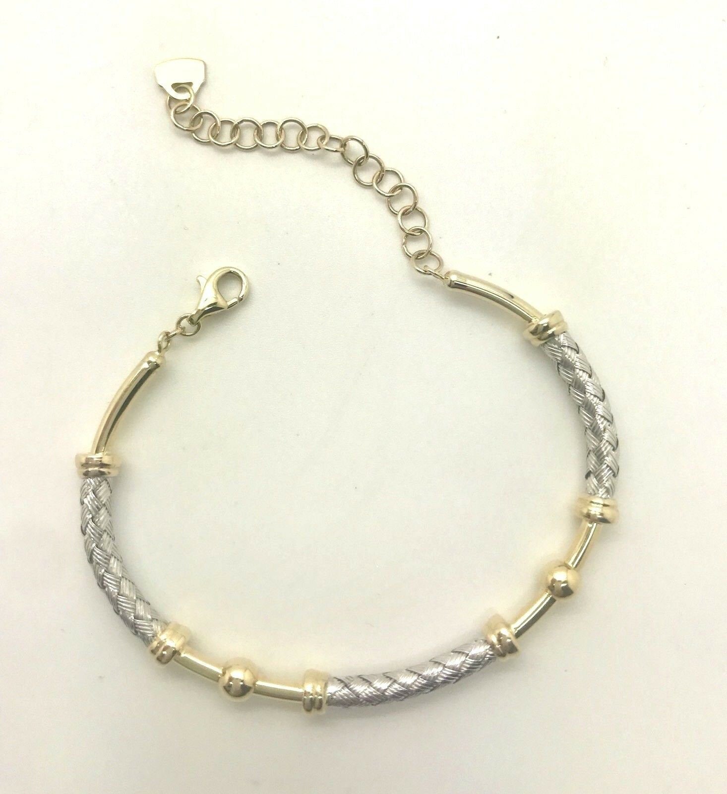 14K Pretty Two Tone Gold Hammered Weaved Bracelet With Dangling Heart 9.4 Grams