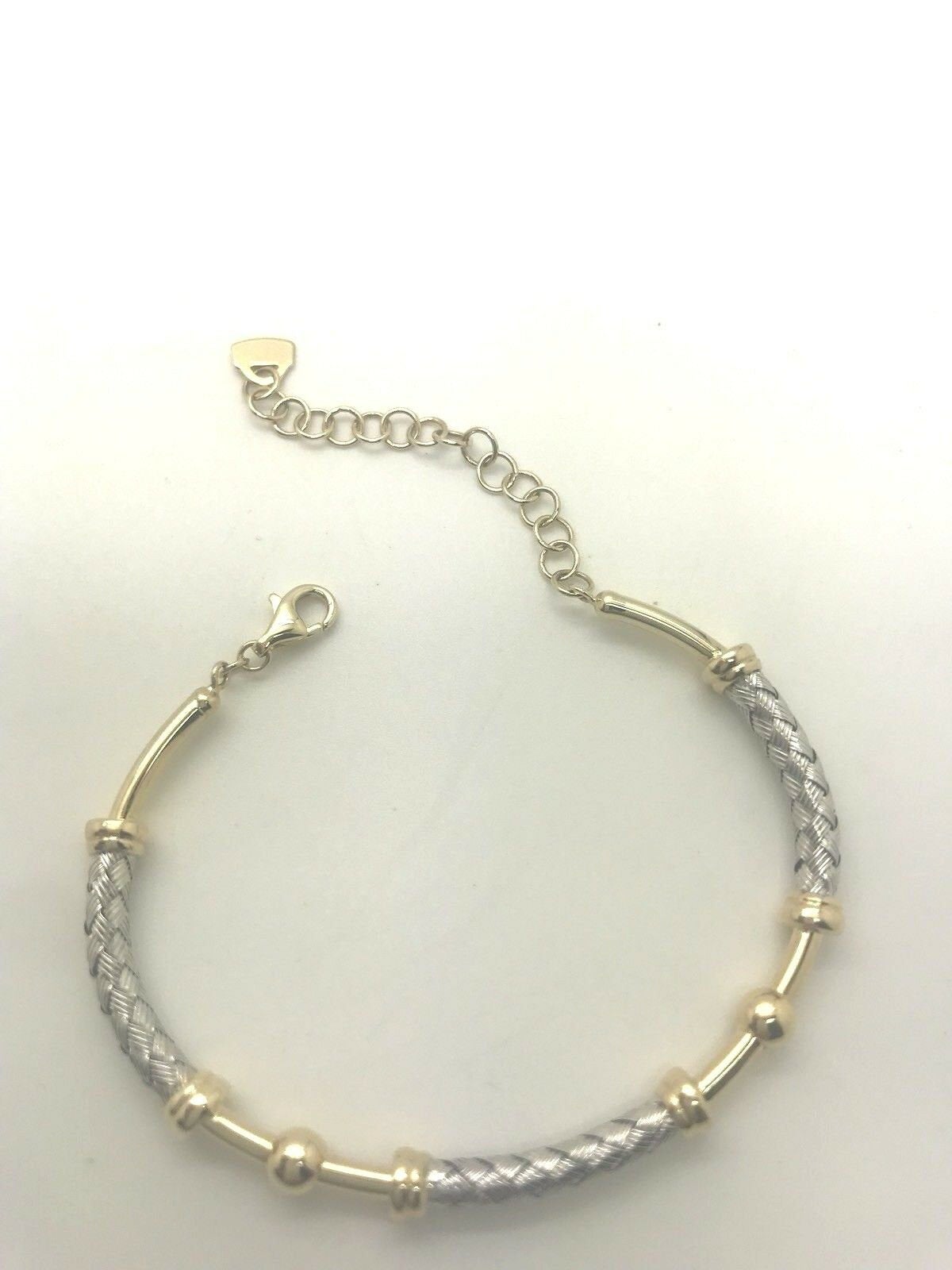 14K Pretty Two Tone Gold Hammered Weaved Bracelet With Dangling Heart 9.4 Grams