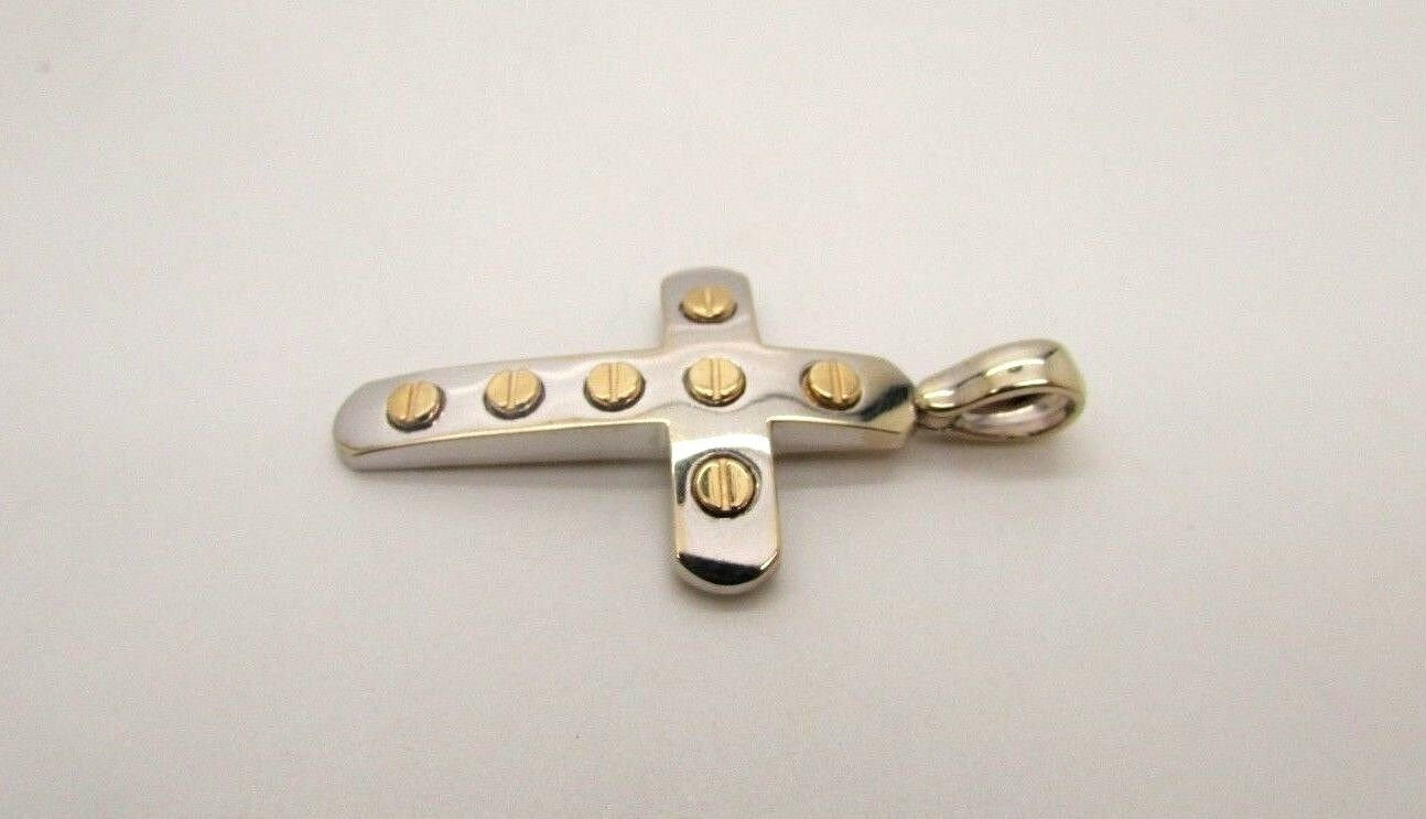 14K Pretty White Gold Cross With Yellow Gold Screw Circles 5.9 Grams