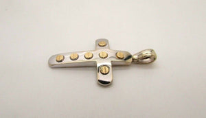 14K Pretty White Gold Cross With Yellow Gold Screw Circles 5.9 Grams