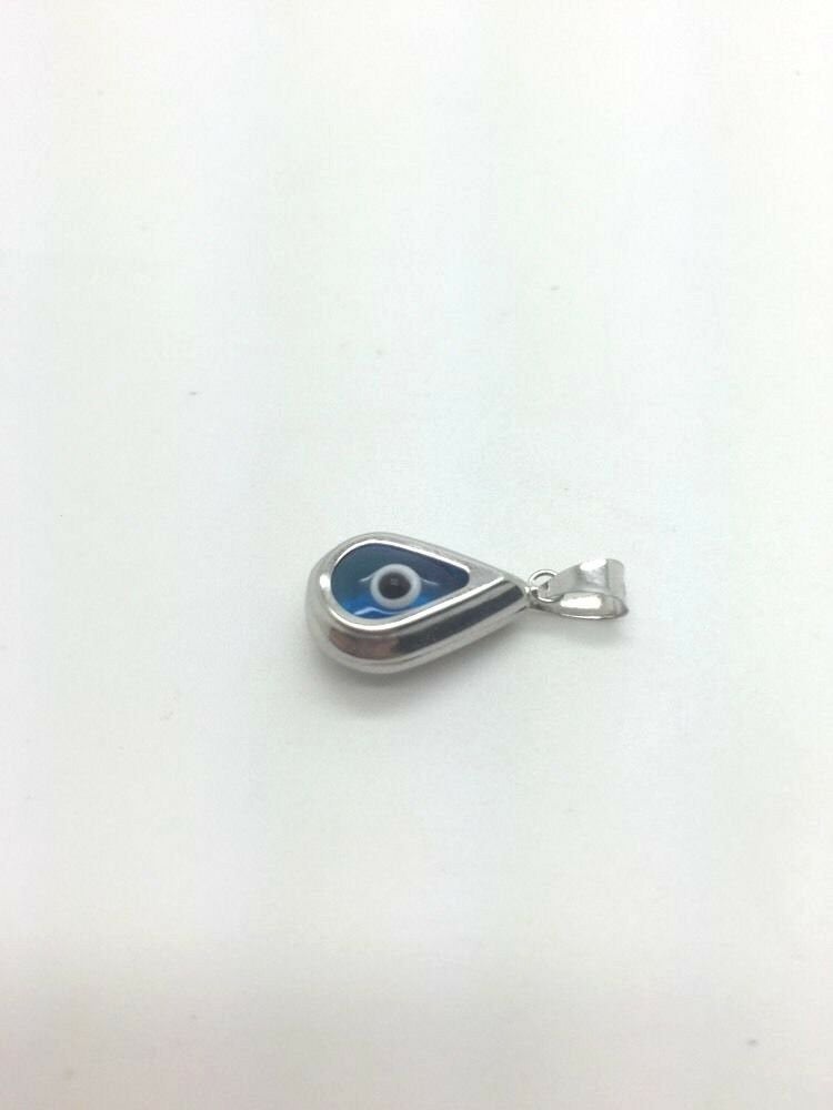 14K Pretty White Gold Tear Drop Shaped Evil Eye Pendant 1.1 Grams