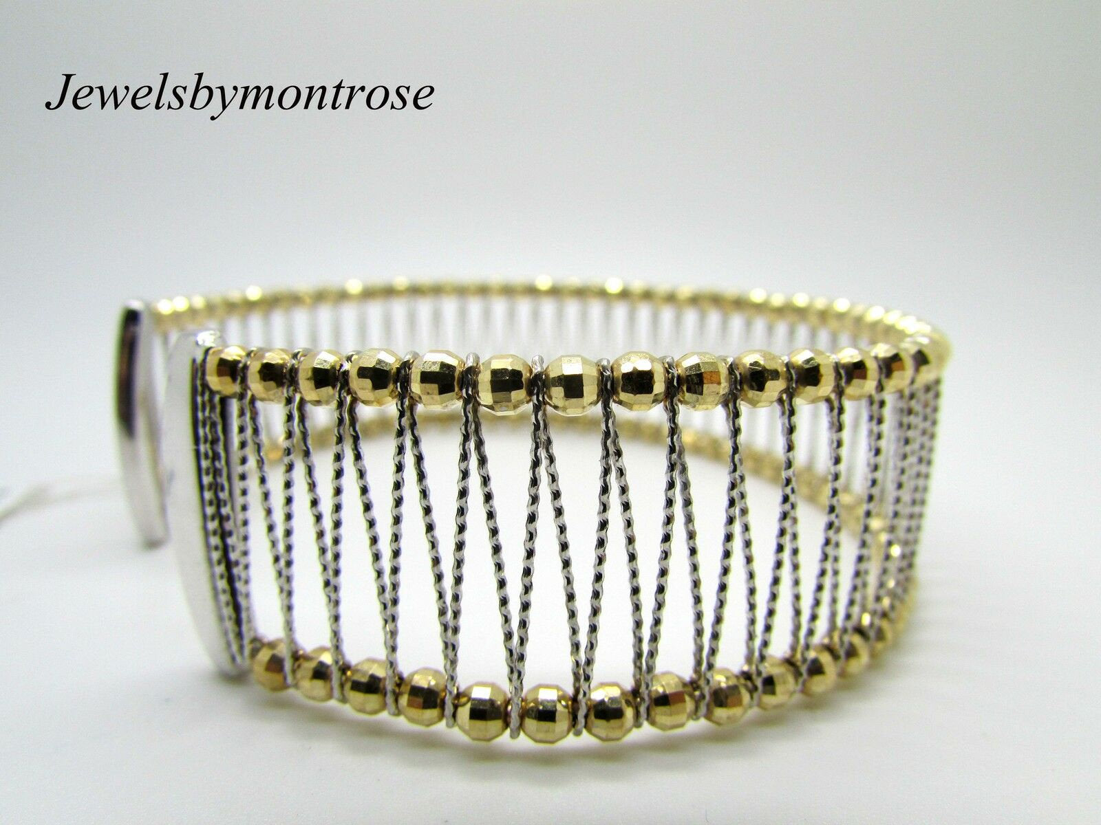 14K Yellow Gold Cuff Bracelet With White Gold Diamond Cut Weaved Design 21 Grams