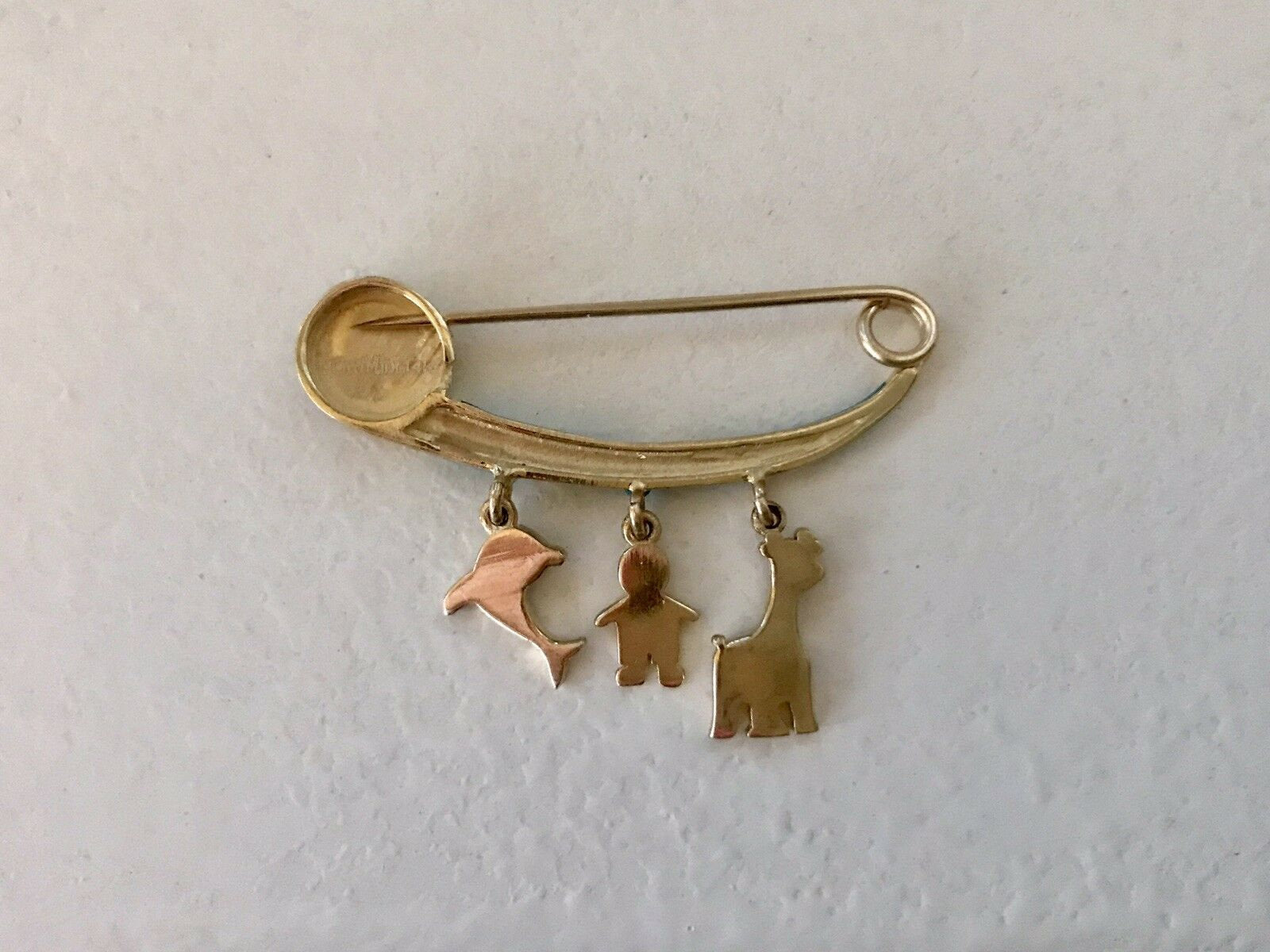 14K Pretty Yellow Gold Thick Evil Eye Safety Pin With Animal Pendants Hanging