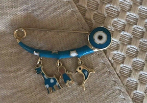 14K Pretty Yellow Gold Thick Evil Eye Safety Pin With Animal Pendants Hanging