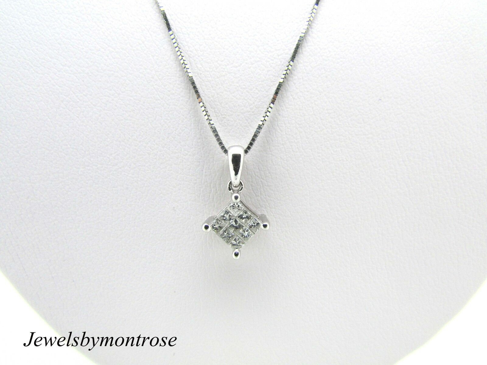 14K Pretty White Gold Square Pendant With 9 Princess Cut Diamonds 0.23 Cts