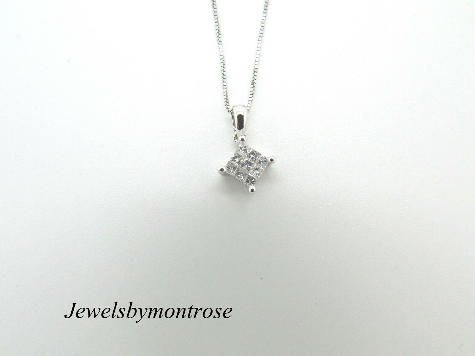 14K Pretty White Gold Square Pendant With 9 Princess Cut Diamonds 0.23 Cts