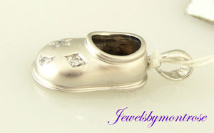 14K Solid White Gold Baby Shoe Charm/Pendant 0.04 Cts Diamonds 2.7 Grams