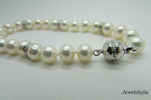 14K White Gold Pretty Cultured Pearl Bracelet With Diamond Rondelles 0.40 Cts